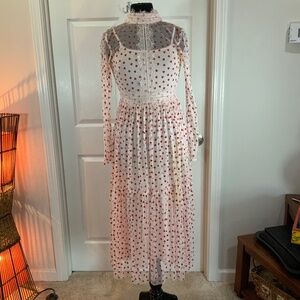 Lace & Beads Hearts Long Sleeve White Petal Pink Sheer Chiffon Red Dress Size 6